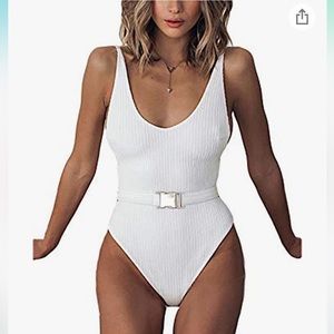 Women’s Scoop Neck, Backless, Cheeky, One Piece Swim Suit Bikini with Belt